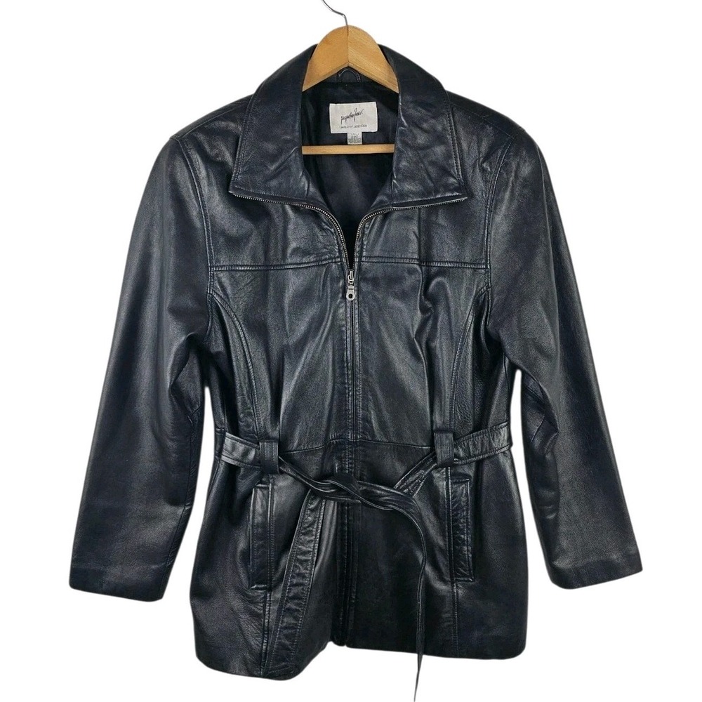 Jacqueline Ferrari Black Lambskin Leather Belted Jacket Coat Women's Large
